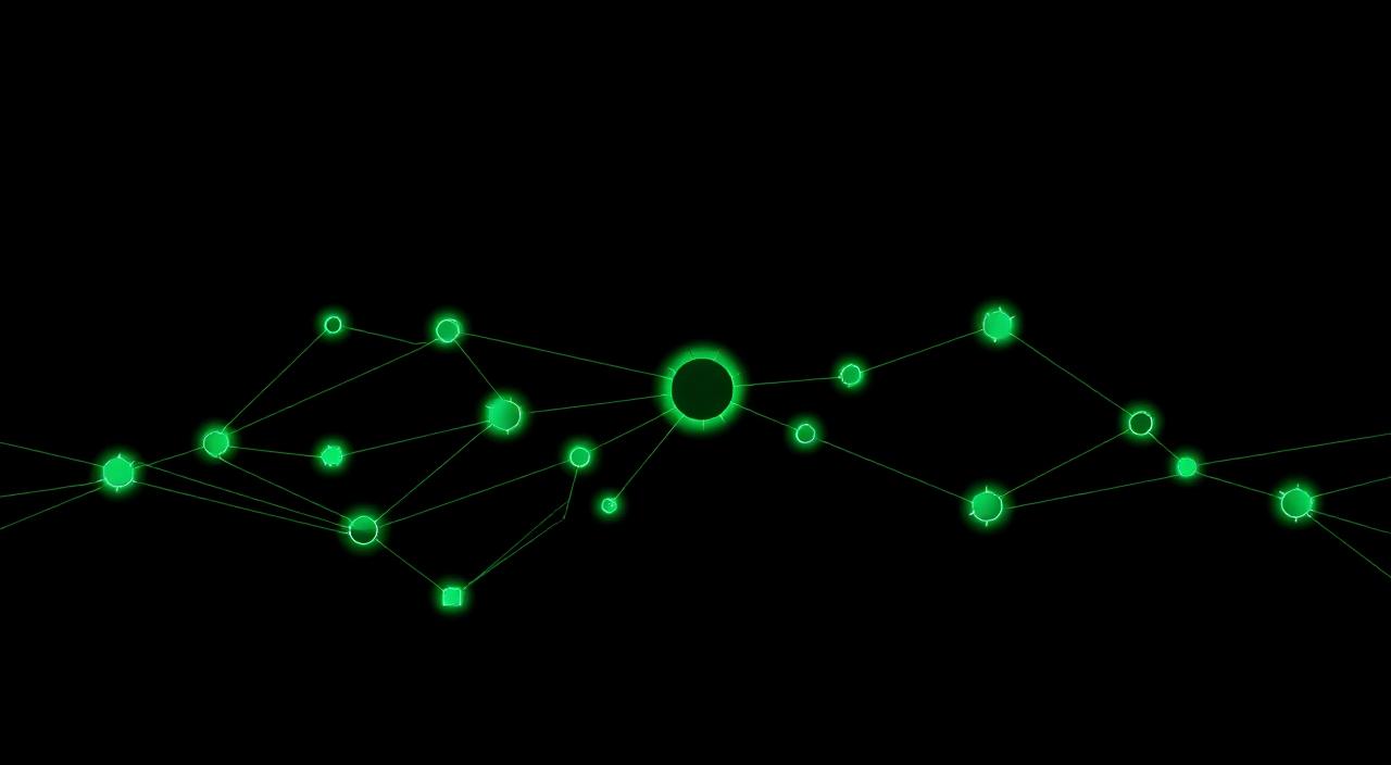 Glowing emerald network node graph on black